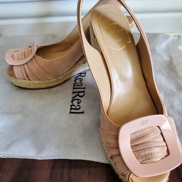 ROGER VIVIER Dusty Rose Suede Espadrille Slingback Buckle Wedge Sandals Sz 36 - Picture 1 of 9